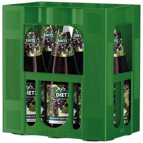 Grüne Kiste mit 6x1L-Flaschen Dietz Johannisbeer-Nektar schwarz (MEHRWEG), einem Vitamin C-reichen schwarzen Johannisbeernektar mit lila Beeren und grünen Blättern auf den Etiketten.