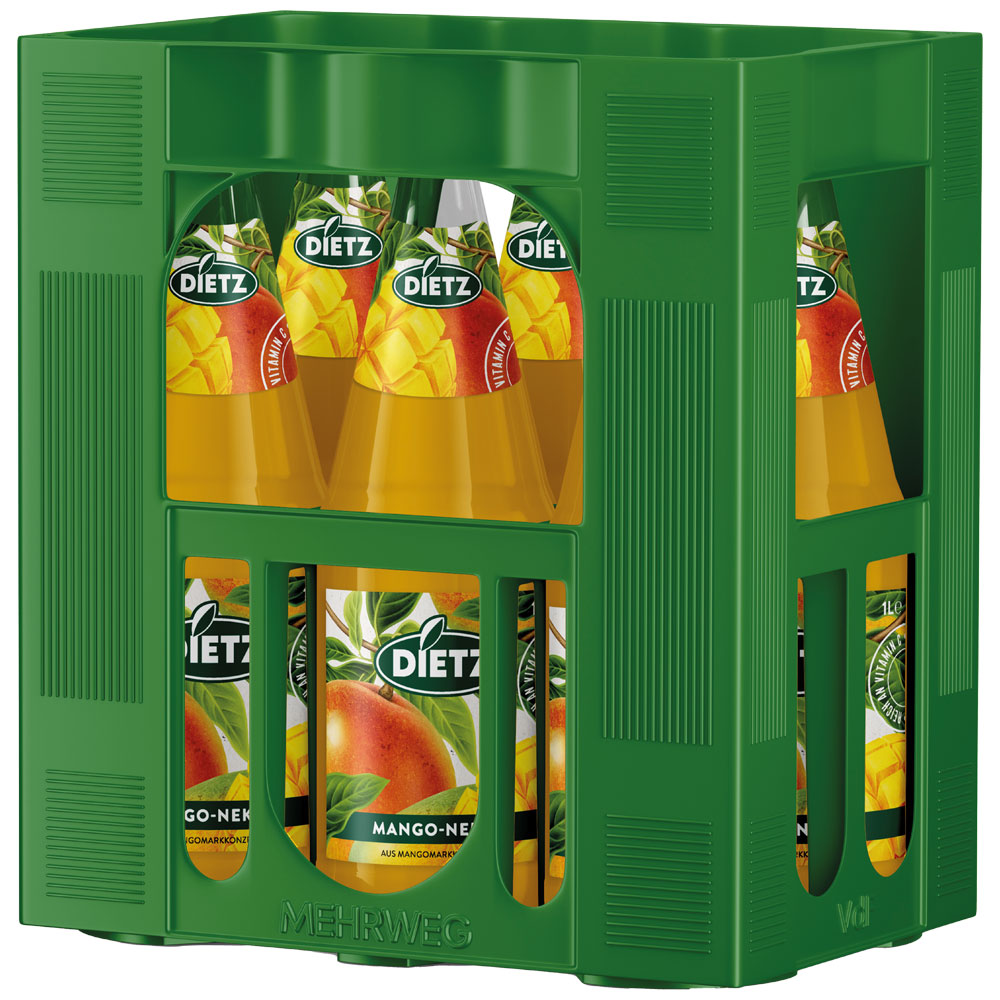 Eine grüne Kiste Dietz Mango-Nektar 6x 1 Liter (MEHRWEG) mit leuchtenden Mango-Etiketten, die durch die Öffnungen zu sehen sind - ideal für Liebhaber von tropischen Fruchtsaftgetränken.