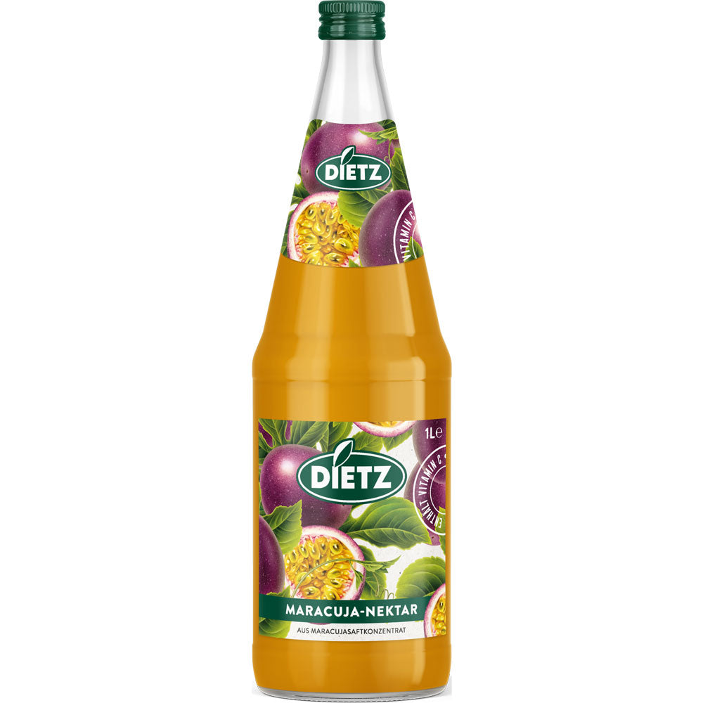 6er-Pack Dietz Maracuja-Nektar 1L-Flaschen (MEHRWEG), glutenfreier Saft aus Maracuja-Konzentrat, mit Maracuja-Abbildungen auf dem Etikett.