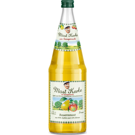 Eine Flasche Dietz Most-Karle Bauernmost 5%, 1L (MEHRWEG), mit buntem Fruchtetikett und grünem Verschluss, hergestellt aus Streuobstwiesen-Äpfeln und -Birnen. Verkauft in 6er-Packungen.