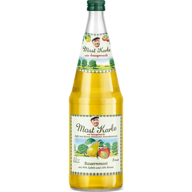Eine Flasche Dietz Most-Karle Bauernmost 5%, 1L (MEHRWEG), mit buntem Fruchtetikett und grünem Verschluss, hergestellt aus Streuobstwiesen-Äpfeln und -Birnen. Verkauft in 6er-Packungen.