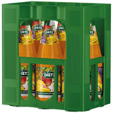 Eine grüne Kiste enthält sechs 1-Liter-Flaschen Dietz Multivitamin Mehrfruchtsaft (Mehrweg), die jeweils mit Fruchtbildern versehen sind und den 100%igen Fruchtanteil hervorheben.