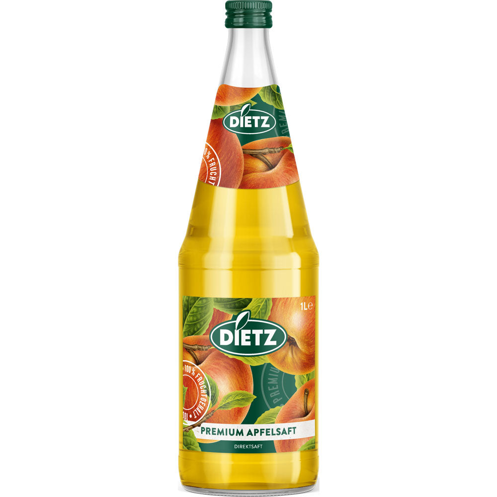 Eine 1-Liter-Flasche Dietz Apfelsaft Premium (6er-Pack, MEHRWEG) von Dietz mit Apfelmotiven auf dem Etikett.