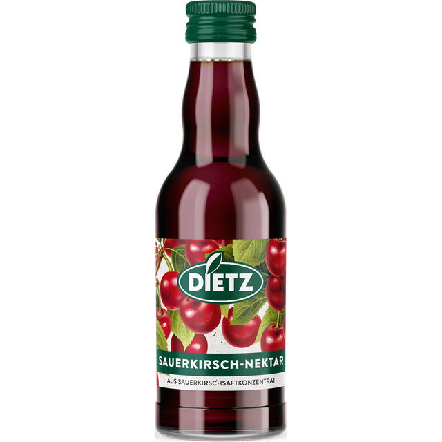Eine Flasche Dietz Sauerkirschen-Nektar 12x 0,2 Liter (MEHRWEG) der Marke Dietz mit Kirschen und Blättern auf dem Etikett.