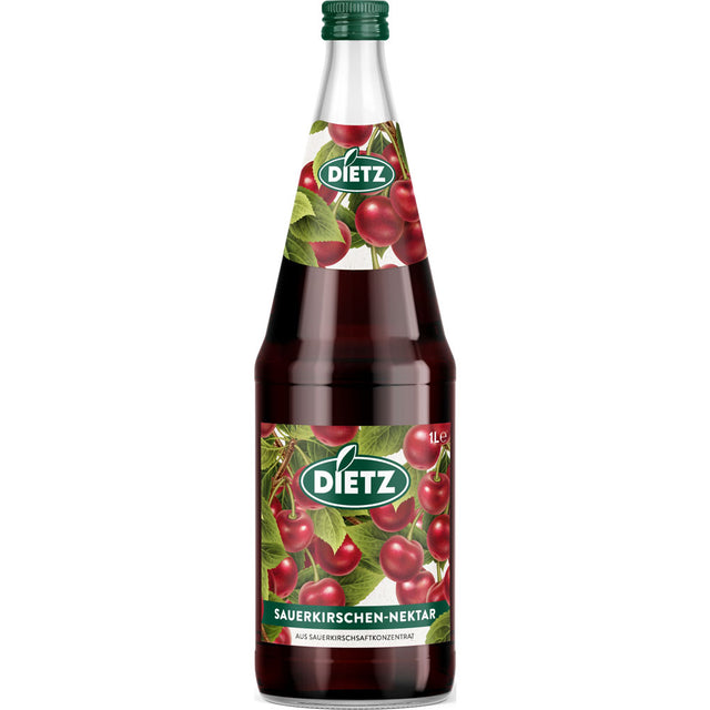 Ein 6er-Pack Dietz Sauerkirsch-Nektar (1L MEHRWEG-Flaschen) mit kirschfarbenem Etikett und grünem Deckel - lecker, glutenfrei und ideal für jeden Anlass.