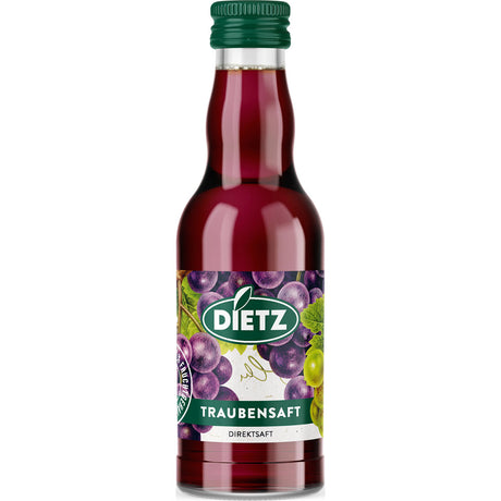 Dietz Traubensaft Rot 12x0,2L (MEHRWEG) ist ein violetter Traubensaft mit Weintrauben auf dem Etikett, die den köstlichen roten Traubensaft hervorheben.