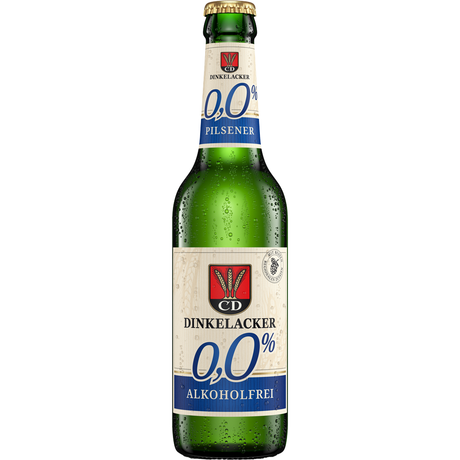 Eine grüne Flasche Dinkelacker 0,0% Alkoholfrei 24x 0,33 Liter (MEHRWEG) mit dem Etikett nach vorne.