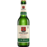 Eine grüne Flasche Dinkelacker CD Pils 0,33 l (MEHRWEG) mit einem cremefarbenen und grünen Etikett steht aufrecht.