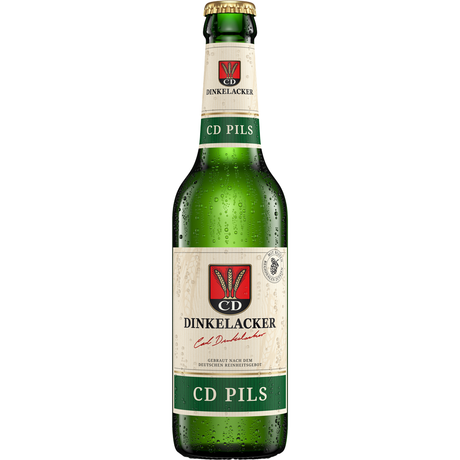 Eine grüne Flasche Dinkelacker CD Pils 0,33 l (MEHRWEG) mit einem cremefarbenen und grünen Etikett steht aufrecht.