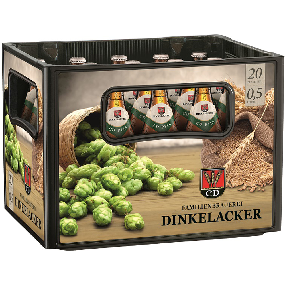 Eine Kiste Dinkelacker CD Pils 20x 0,5 Liter (MEHRWEG) Bierflaschen von Dinkelacker mit Hopfen- und Gerstenmotiven, die die Stuttgarter Brautradition mit dem einzigartigen Geschmack des Tettnanger Hopfens feiern.