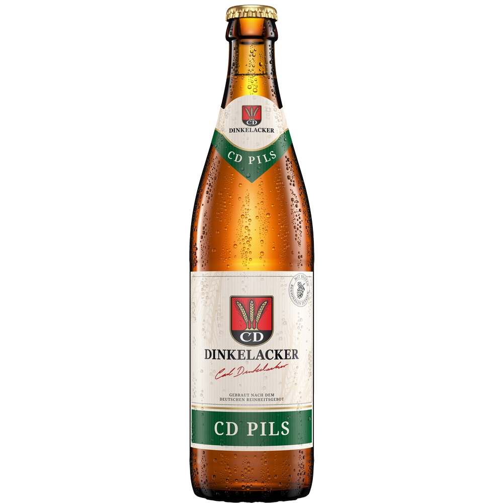 Eine braune Flasche Dinkelacker CD Pils 20x 0,5 Liter (MEHRWEG), gebraut mit Tettnanger Hopfen, mit einem weiß-grünen Etikett mit Beschlag, steht für echte Stuttgarter Brautradition.