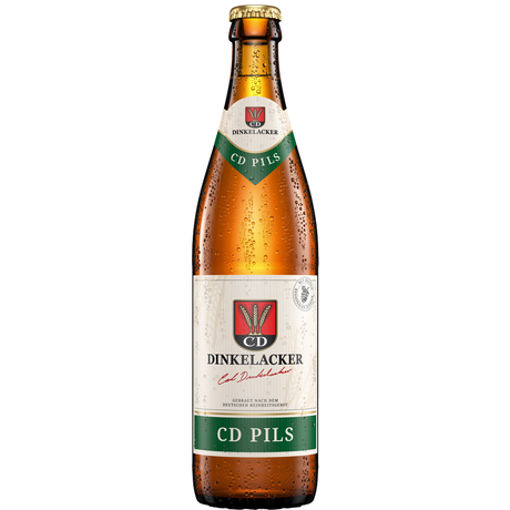 Eine braune Flasche Dinkelacker CD Pils 20x 0,5 Liter (MEHRWEG), gebraut mit Tettnanger Hopfen, mit einem weiß-grünen Etikett mit Beschlag, steht für echte Stuttgarter Brautradition.