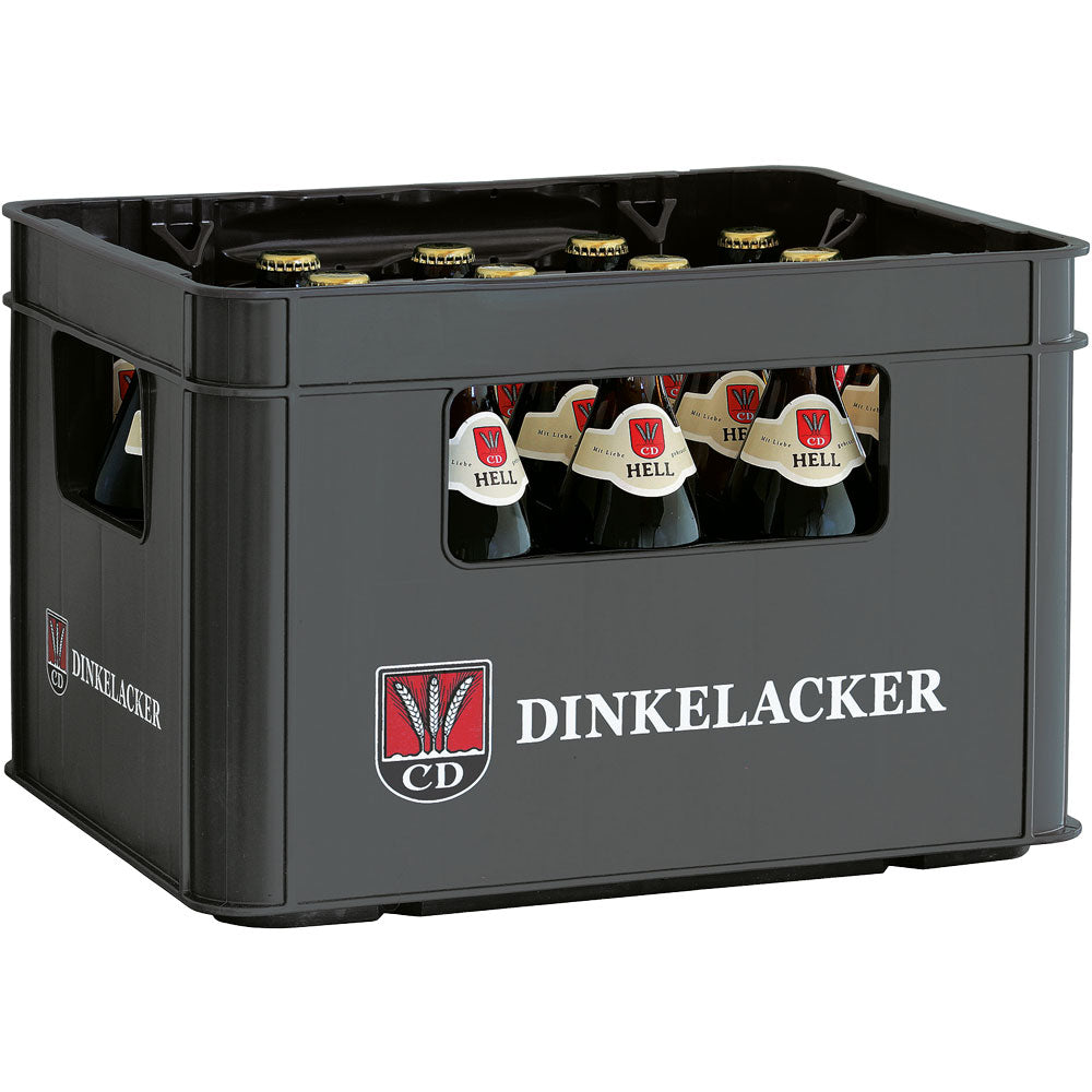 Ein schwarzer Kasten Dinkelacker Hell 20x 0,5 Liter (MEHRWEG) Bierflaschen, mit dem Dinkelacker-Logo und echter schwäbischer Braukunst.