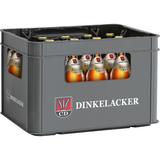 Eine graue Kiste Dinkelacker Kellerbier 20x 0,5 Liter (MEHRWEG) zeigt durch ihre ausgeschnittenen Seiten die schwäbische Brautradition.