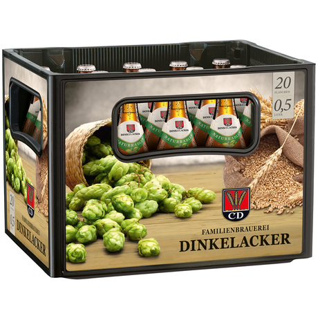 Eine 20x0,5L Kiste Dinkelacker Naturradler (MEHRWEG), ein erfrischender Biermischgetränk von Dinkelacker, gemischt mit Zitronenlimonade und verpackt mit Hopfen und Gerstenbildern auf der Schachtel.