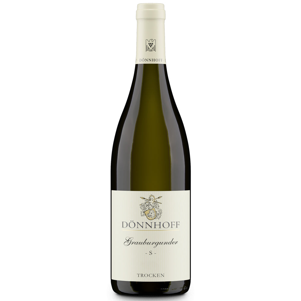Eine Flasche Weißwein „Weingut Dönnhoff Dönnhoff Grauburgunder -S- trocken 2024“ mit cremefarbenem Etikett und Verschluss, dargestellt vor weißem Hintergrund.