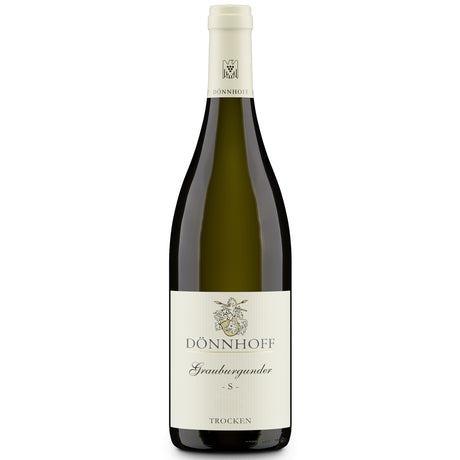 Eine Flasche Weißwein „Weingut Dönnhoff Dönnhoff Grauburgunder -S- trocken 2024“ mit cremefarbenem Etikett und Verschluss, dargestellt vor weißem Hintergrund.