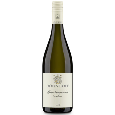 Eine Flasche „Weingut Dönnhoff Grauburgunder trocken 2022“ – ein Weißwein mit cremefarbenem Etikett und Schraubverschluss – verkörpert den raffinierten Charakter des deutschen Weißweins.