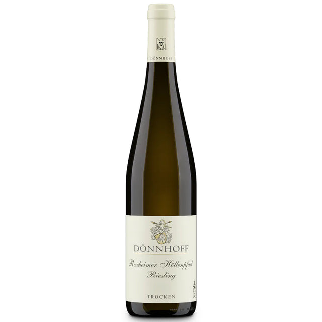 Eine Flasche „Weingut Dönnhoff Riesling Roxheimer Höllenpfad 1G trocken 2022“ aus der Nahe-Region mit weißem Etikett und cremefarbener Kappe – gekeltert als hochgeschätztes VDP.Grosses Gewächs trocken.