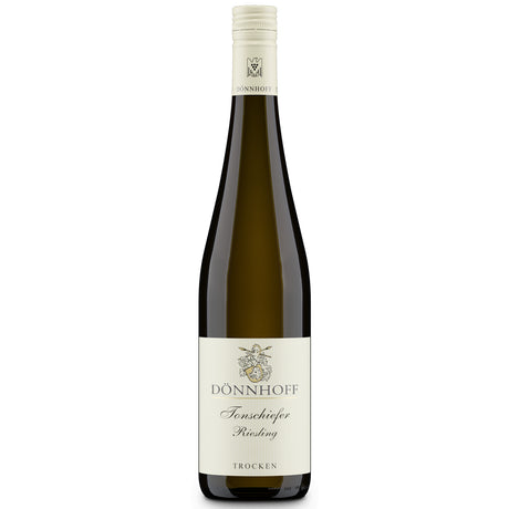 Eine Flasche Weißwein „Weingut Dönnhoff Riesling Tonschiefer trocken 2023“ mit cremefarbenem Etikett und goldenem Emblem, die den lebendigen Charakter der Nahe-Weine zum Ausdruck bringt.