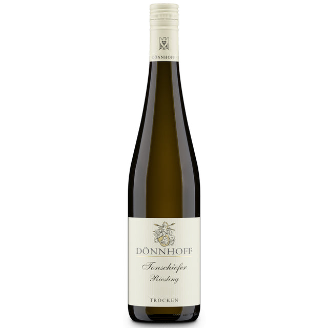 Eine Flasche Weißwein „Weingut Dönnhoff Riesling Tonschiefer trocken 2023“ mit cremefarbenem Etikett und goldenem Emblem, die den lebendigen Charakter der Nahe-Weine zum Ausdruck bringt.