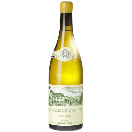Eine Flasche Domaine Billaud-Simon Chablis Grand Cru Les Clos AC 2021, ein Weißwein mit grünem und weißem Etikett.