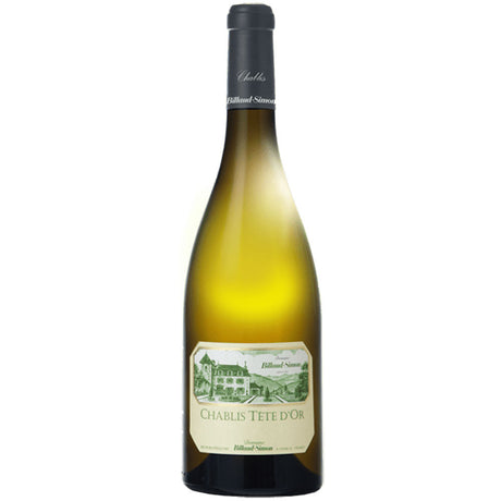 Eine Flasche Domaine Billaud-Simon Chablis Tête D'Or AC 2021, Weißwein mit grünem und cremefarbenem Etikett.