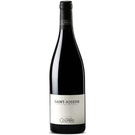 Eine Flasche Domaine Courbis Saint-Joseph Rouge AOC 2023, hergestellt von der Domaine Courbis aus Syrah-Trauben, mit schwarzem Verschluss und elegantem weißen Etikett.