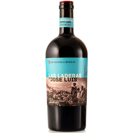 Eine Flasche Dominio De Berzal Las Laderas De Jose Luis DOCa Rioja 2020 Rotwein mit blau-braunem Etikett.