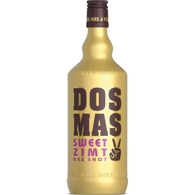 Eine goldene Flasche DOS MAS Sweet Zimt Mex Shot Zimtlikör 15% 0,7L, ein lustiger Party Shooter von DOS MAS, mit auffälliger brauner und rosa Schrift auf dem Etikett.