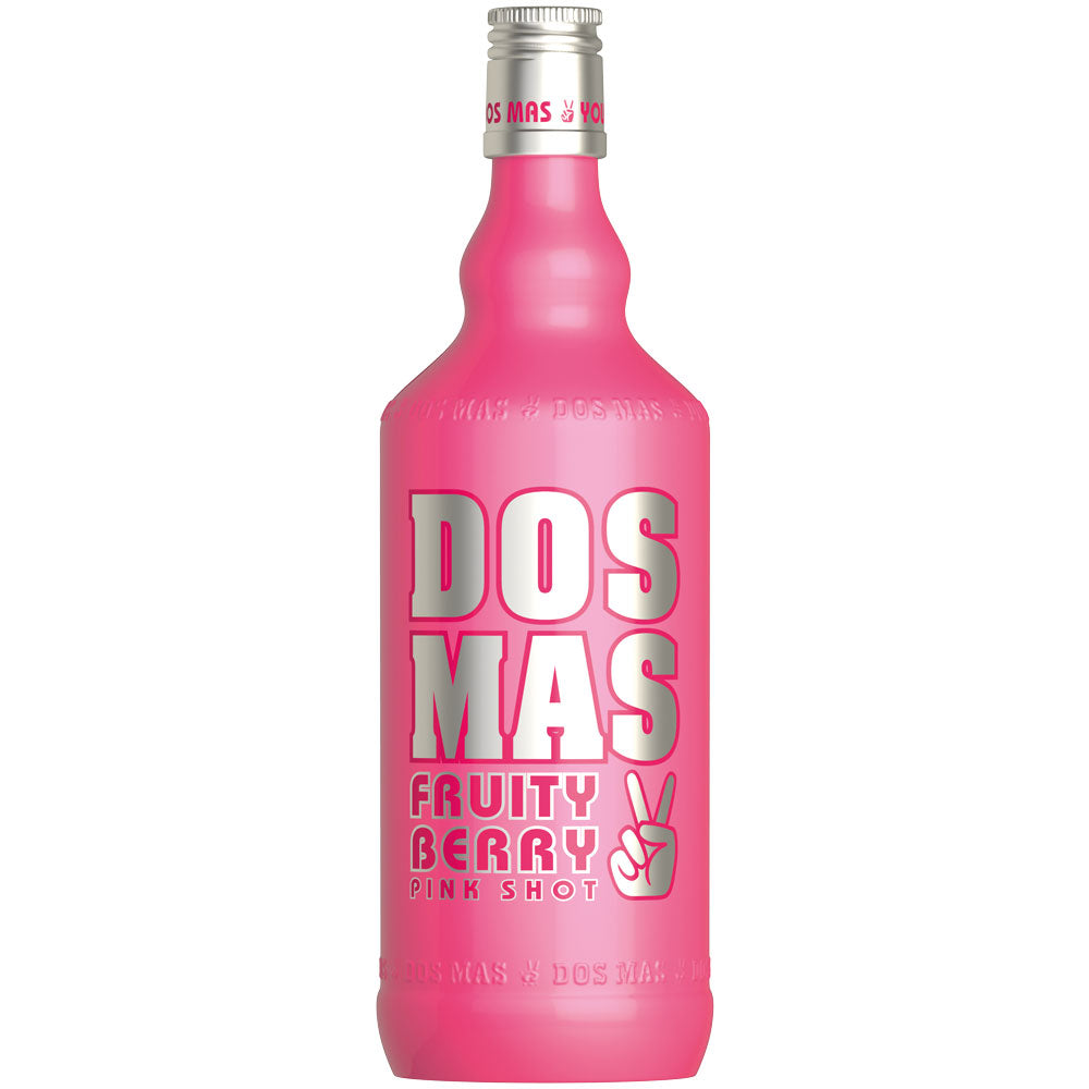 Rosafarbene 0,7-Liter-Flasche des DOS MAS Pink Shot Fruity Berry Likörs (15%) mit silberner und weißer Schrift auf dem Etikett.