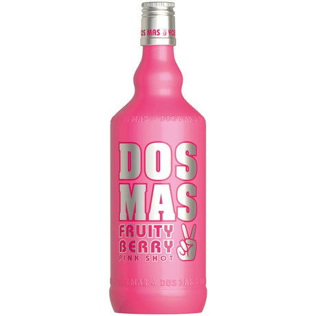 Rosafarbene 0,7-Liter-Flasche des DOS MAS Pink Shot Fruity Berry Likörs (15%) mit silberner und weißer Schrift auf dem Etikett.
