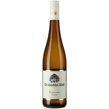 Eine Flasche Dr. Bürklin-Wolf Riesling trocken 2024 Weißwein aus Deutschland mit einem weiß-goldenen Etikett.