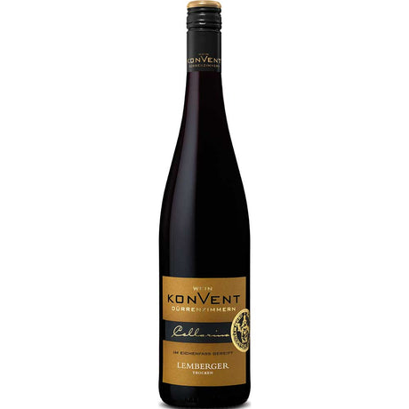 Eine Flasche Weinkonvent Dürrenzimmern Cellarius Lemberger im Eichenfass gereift trocken 2020, mit goldenem und schwarzem Etikett auf weißem Hintergrund.