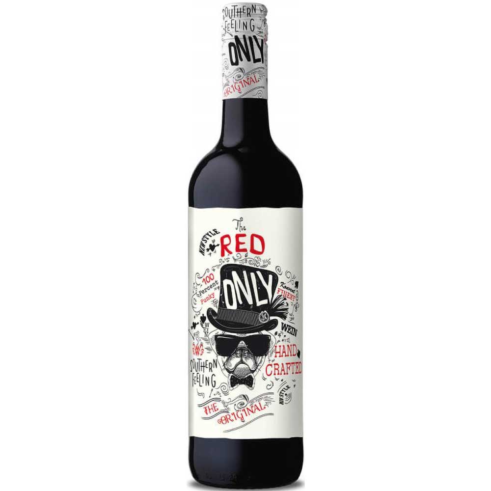 Eine Flasche Weinkonvent Dürrenzimmern Only Red Rotwein-Cuvée feinherb mit einem weißen Etikett mit verspielter schwarz-roter Grafik und einem illustrierten Mann mit Schnurrbart.