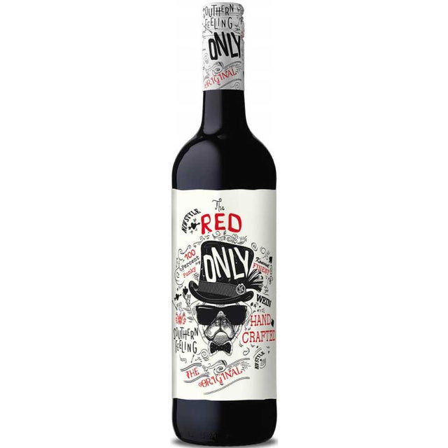 Eine Flasche Weinkonvent Dürrenzimmern Only Red Rotwein-Cuvée feinherb mit einem weißen Etikett mit verspielter schwarz-roter Grafik und einem illustrierten Mann mit Schnurrbart.