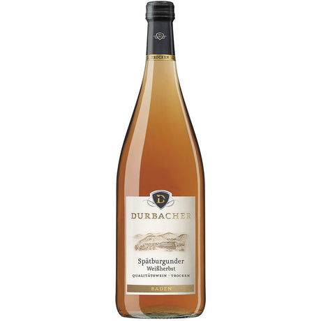 Eine Flasche Durbacher Winzergenossenschaft's Spätburgunder Weißherbst mild 1L (Teil eines 6x Mehrweg Packs), mit beigem Etikett und schwarzem Verschluss.