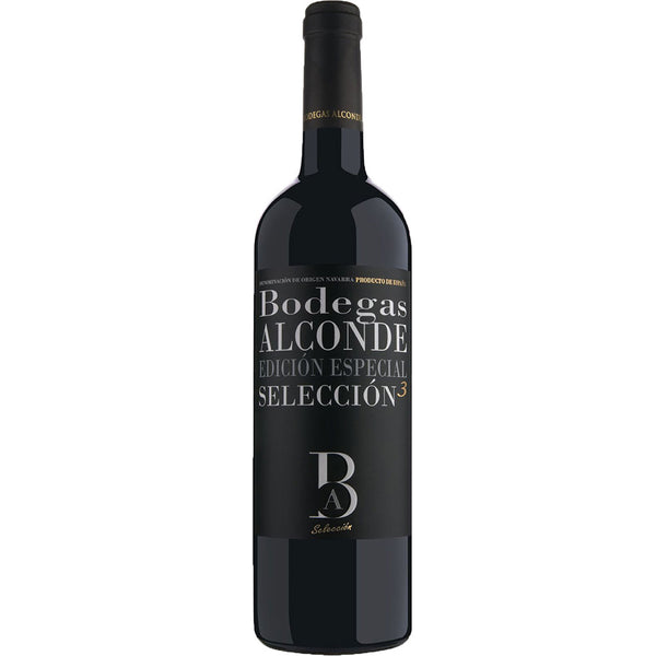 Eine Flasche Rotwein Bodegas Alconde Edicion Especial Seleccion ³ Tinto Joven 2023 mit schwarzem Etikett mit goldener und weißer Schrift, hergestellt in Navarra von Bodegas Alconde mit Schwerpunkt auf Viticultura Regenerativa.