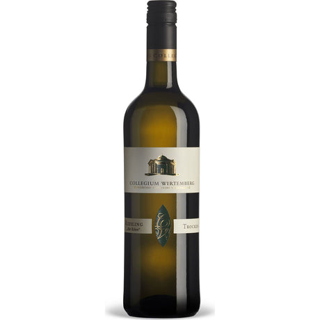 Eine Flasche Collegium Wirtemberg Edition Wirtemberg Riesling Alte Rebe trocken 2024 Weißwein mit einem gold-weißen Etikett und einem Schraubverschluss.