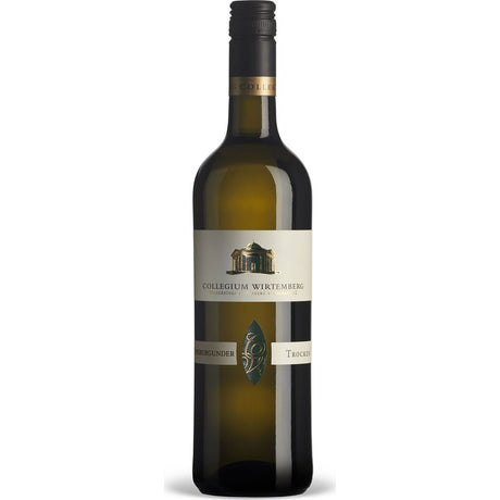 Eine Flasche Collegium Wirtemberg Edition Wirtemberg Weißburgunder trocken 2024 mit goldenem und weißem Etikett steht auf weißem Hintergrund und hebt diesen hochwertigen Weißwein aus Deutschland von Collegium Wirtemberg hervor.