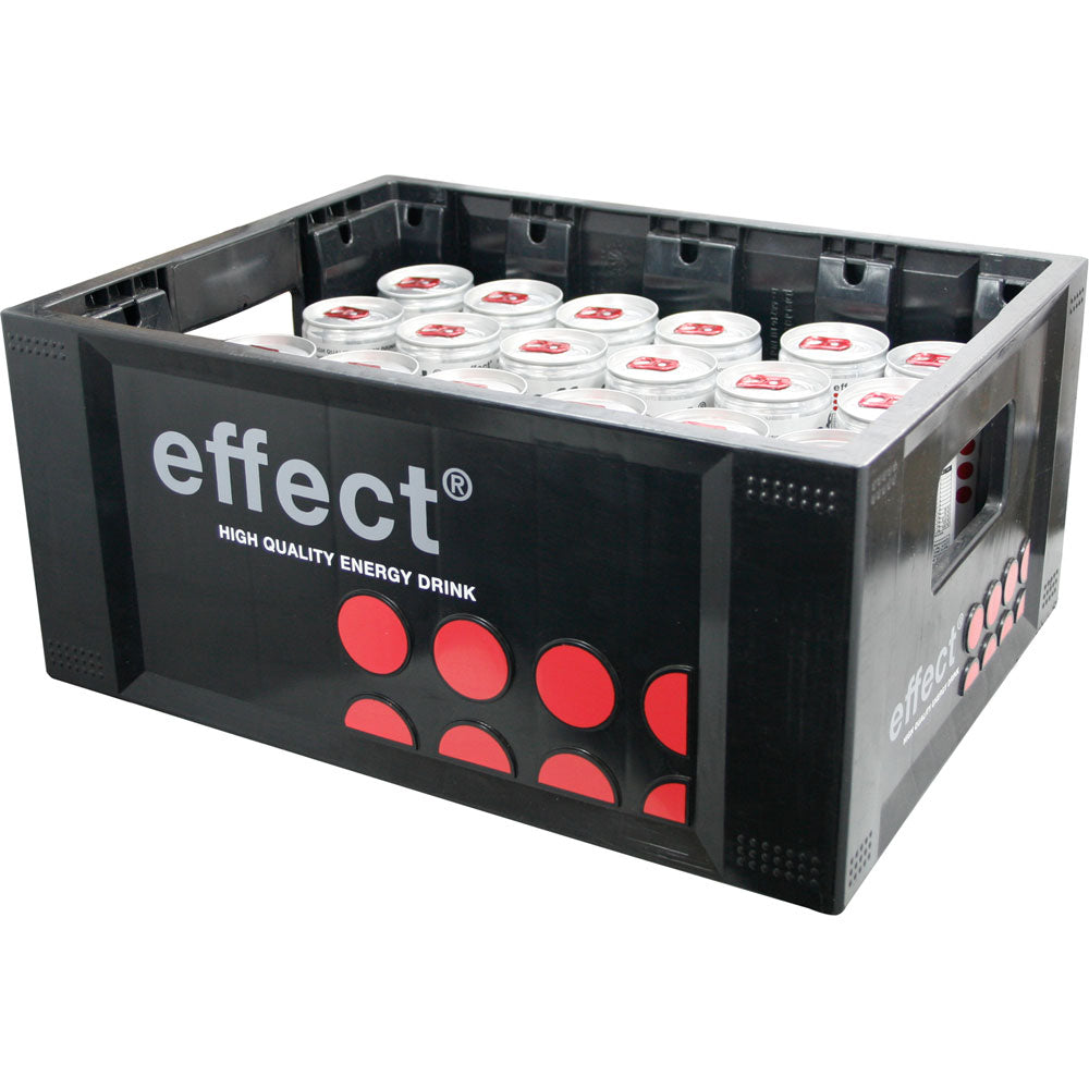 Eine schwarze Kiste mit 24 Dosen effect® Classic Energy Drink (je 0,25L), bekannt für seine einzigartige Formel und den Premium-Energieschub, von effect®.