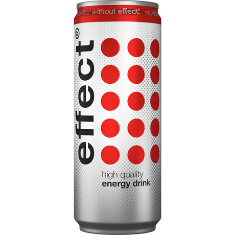 Eine silberne Dose effect® Classic Energy Drink 24x 0,25 Liter (EINWEG) mit roten Punkten, fetter schwarzer Schrift auf der Vorderseite und einer einzigartigen Formel für einen erfrischenden Kick.