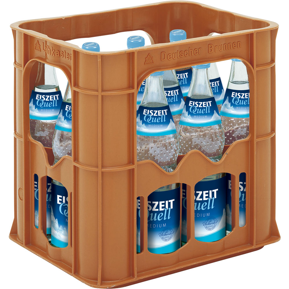 Eine braune Kiste enthält zwölf 0,7-Liter-Flaschen Eiszeitquell Medium (Mehrweg) - ein erfrischendes natriumarmes Mineralwasser.