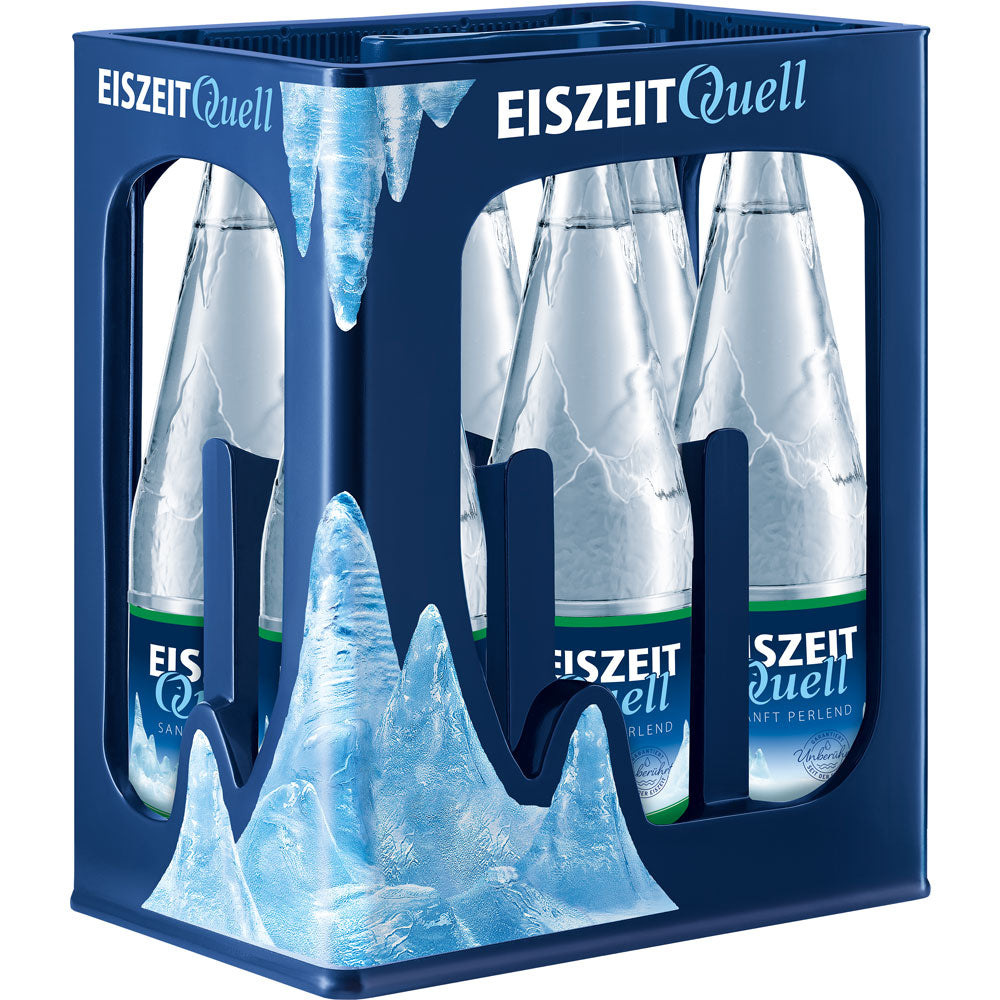 Blaue Kiste mit sechs 1L Eiszeitquell Sanft Perlend (MEHRWEG) Mineralwasser Glasflaschen, natriumarm und mit eisiger Berggrafik.