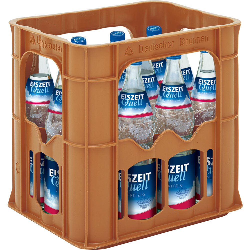 Braune Kiste mit zwölf 0,7-Liter-Flaschen Eiszeitquell Spritzig Mineralwasser (Mehrweg), jeweils mit blauem und rotem Etikett.