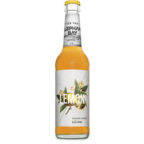 Elephant Bay Zitronen-Eistee 20x 0,33L (MEHRWEG): Klarglasflasche mit botanischem Zitronenetikett, versetzt mit natürlichem Tee-Extrakt für einen erfrischenden Zitronen-Eistee Genuss.