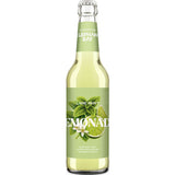 Die 0,33-Liter-Glasflasche Elephant Bay Lemonade Lime Mint (MEHRWEG) zeigt auf ihrem leuchtend grünen Etikett Limetten- und Minzblätter.