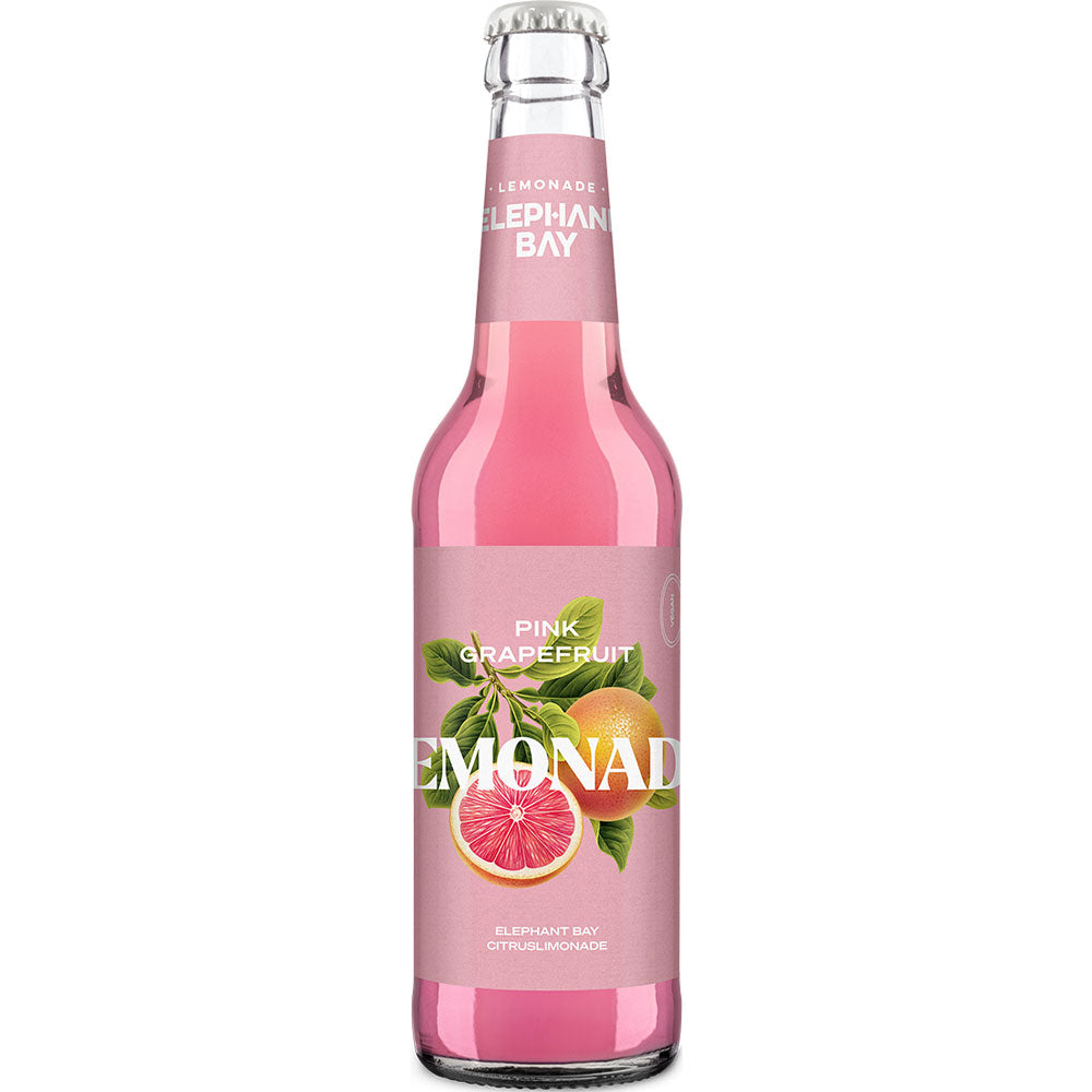 A 0,33L Mehrweg-Glasflasche Elephant Bay Lemonade Pink Grapefruit mit pinkem Etikett und Zitrusfrucht-Design - ideal für prickelnde Erfrischung und Liebhaber fruchtiger Limonade.