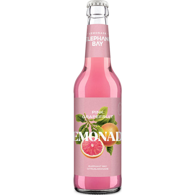 A 0,33L Mehrweg-Glasflasche Elephant Bay Lemonade Pink Grapefruit mit pinkem Etikett und Zitrusfrucht-Design - ideal für prickelnde Erfrischung und Liebhaber fruchtiger Limonade.