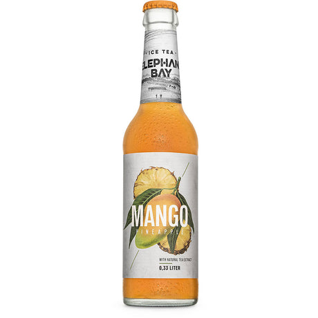 Eine 0,33-Liter-Flasche Elephant Bay Mango Ananas Eistee (MEHRWEG), 20er-Pack, mit bunten Mango- und Ananas-Grafiken auf dem Etikett.